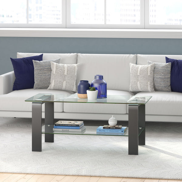 Homeroots 40" Gray Glass And Steel Coffee Table With Shelf   520986