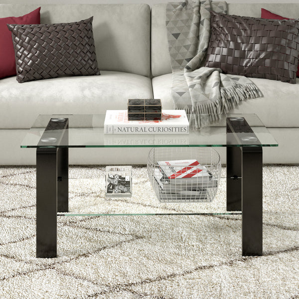 Homeroots 40" Black Glass And Steel Coffee Table With Shelf   520987