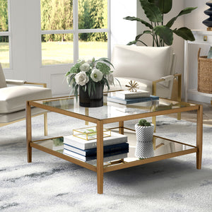 Homeroots 32" Gold Glass And Steel Square Coffee Table With Shelf   520990
