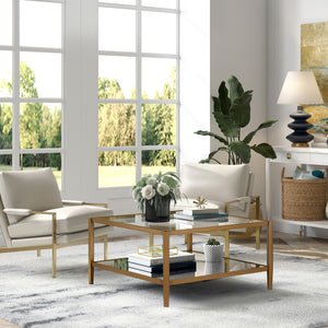 Homeroots 32" Gold Glass And Steel Square Coffee Table With Shelf   520990