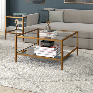 Homeroots 32" Gold Glass And Steel Square Coffee Table With Shelf   520990