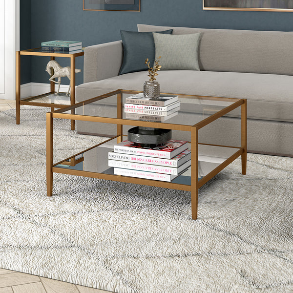 Homeroots 32" Gold Glass And Steel Square Coffee Table With Shelf   520990