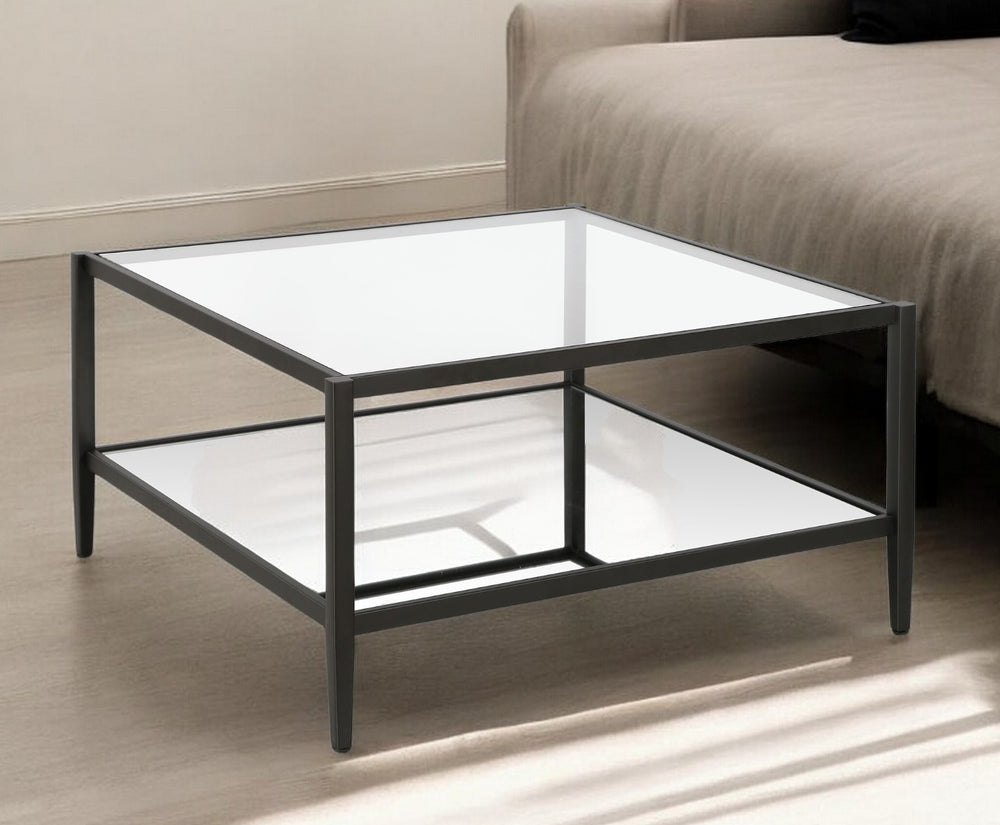Homeroots 32" Clear And Black Glass And Steel Square Coffee Table With Shelf   520991