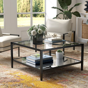 Homeroots 32" Clear And Black Glass And Steel Square Coffee Table With Shelf   520991