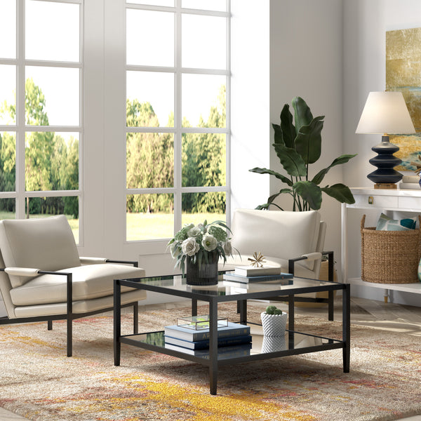 Homeroots 32" Clear And Black Glass And Steel Square Coffee Table With Shelf   520991