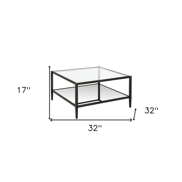Homeroots 32" Clear And Black Glass And Steel Square Coffee Table With Shelf   520991