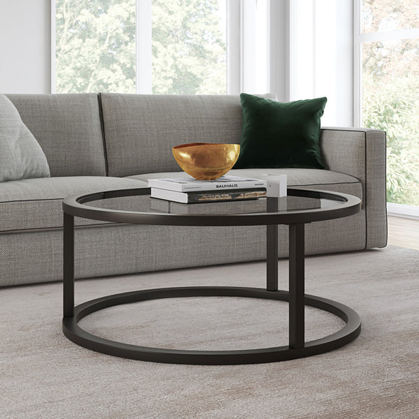 Homeroots 35" Black Glass And Steel Round Coffee Table   520997