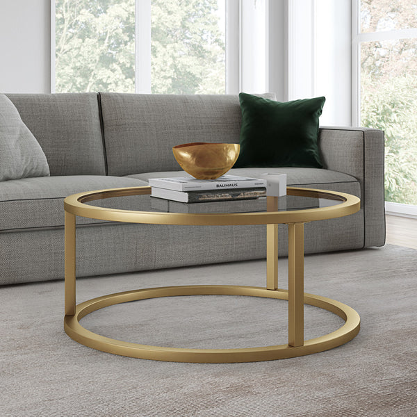 Homeroots 35" Gold Glass And Steel Round Coffee Table   520998