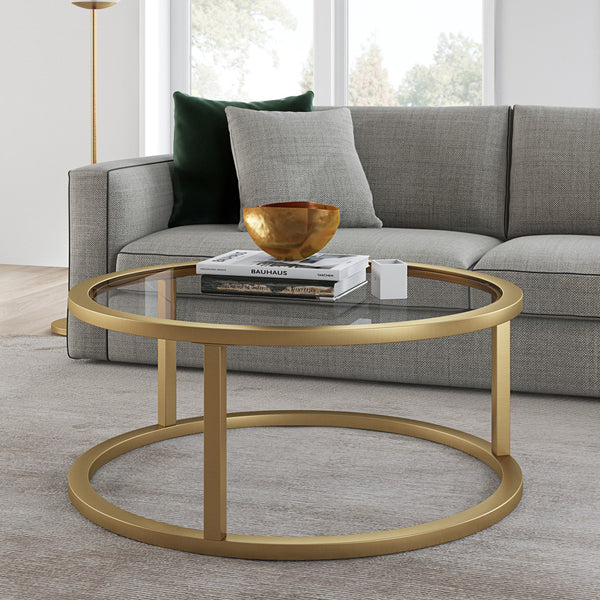 Homeroots 35" Gold Glass And Steel Round Coffee Table   520998