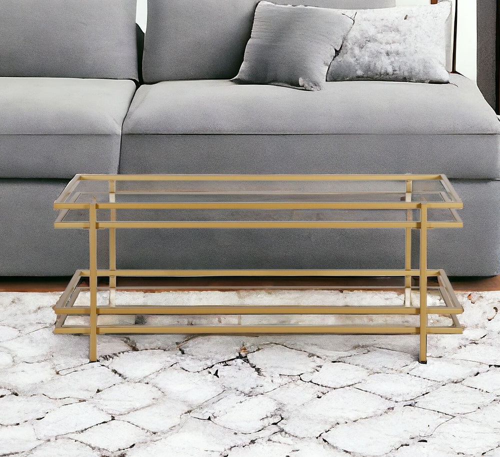 Homeroots 45" Gold Glass And Steel Coffee Table With Shelf   520999