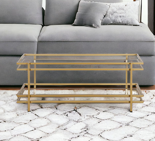 Homeroots 45" Gold Glass And Steel Coffee Table With Shelf   520999
