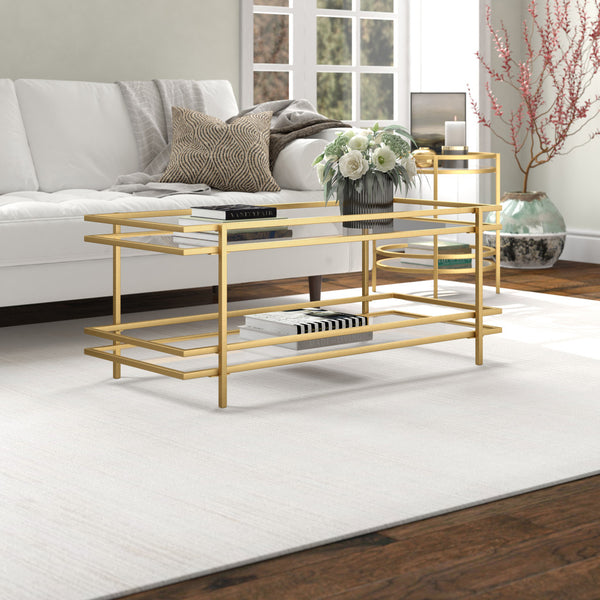 Homeroots 45" Gold Glass And Steel Coffee Table With Shelf   520999