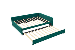 English Elm Upholstered Velvet Daybed with Pull Out Trundle Diamond Tufted Guest Bedroom Sofa Emerald W1361S00065