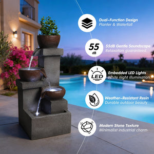 English Elm Outdoor Cascading Tiered Resin Stone Fountain with Led Lights and Integrated Planter W5397P462032