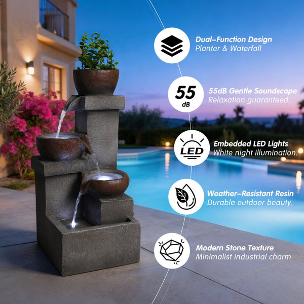 English Elm Outdoor Cascading Tiered Resin Stone Fountain with Led Lights and Integrated Planter W5397P462032