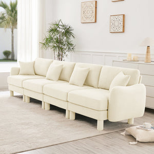 English Elm Boucle 4-Seater Sofa In Beige - Elegant Shell Armrests & Cylindrical Legs For Modern Living Spaces W3041S00279
