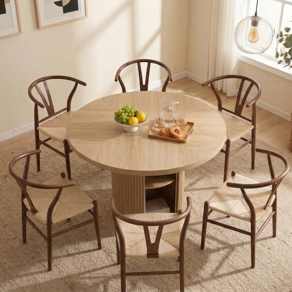 English Elm 6-piece Round Pedestal Dining Set with Woven Wishbone Chairs and Fluted Column Base Walnut,Wood W2920S00152