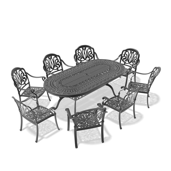 English Elm 9-piece Cast Aluminum Outdoor Dining Set Seats 8 with Carved Patio Elegance W1710S00656