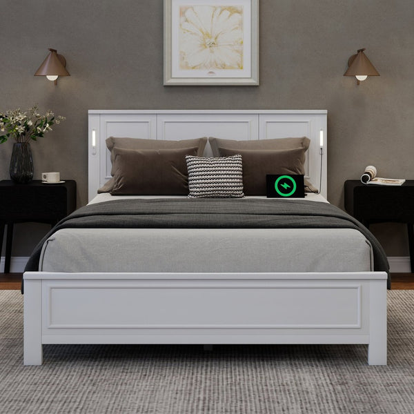 English Elm Queen Pinewood Platform Bed Farmhouse Tall Panel Headboard with Led Lighting and Usb Ports White W504P391091