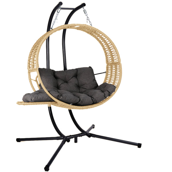 English Elm Double Hanging Egg Chair with Stand — Oversized 2-Person Wicker Rattan Swing, 700lb Capacity, Convertible Recliner W2500P290325