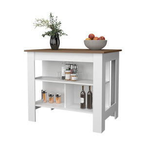 English Elm Aztec Melamine Kitchen Island with Open Storage Shelves, Mahogany/White Finish, Compact 35.4"H x 40.5"W x 27.5"D B128P237142