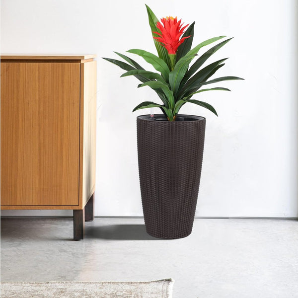 English Elm Set of 2 Faux Rattan Tall Outdoor Planters with Auto Watering and Water Level Monitor Brown W3213P325374