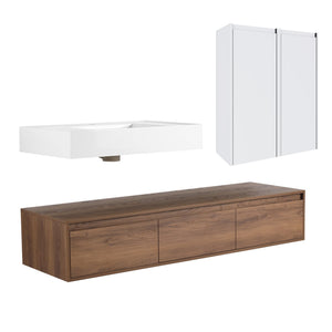 English Elm 60-Inch Wall-Mounted Vanity With Molded Resin Sink, 2 Side Cabinets & 3 Soft-Close Drawers For Storage W999S00285