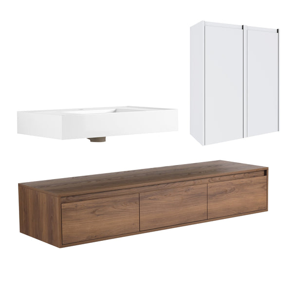 English Elm 60-Inch Wall-Mounted Vanity With Molded Resin Sink, 2 Side Cabinets & 3 Soft-Close Drawers For Storage W999S00285