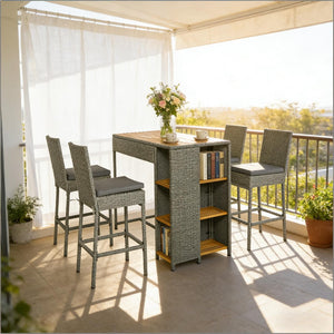 English Elm Garden Dialogue Acacia and Wicker Outdoor Bar Set with Four Tucking Barstools Gray,Natural Wood T3971S00204