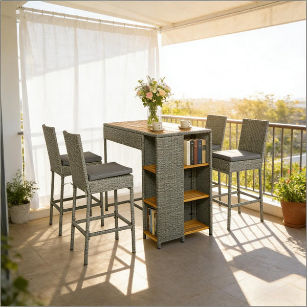 English Elm Garden Dialogue Acacia and Wicker Outdoor Bar Set with Four Tucking Barstools Gray,Natural Wood T3971S00204