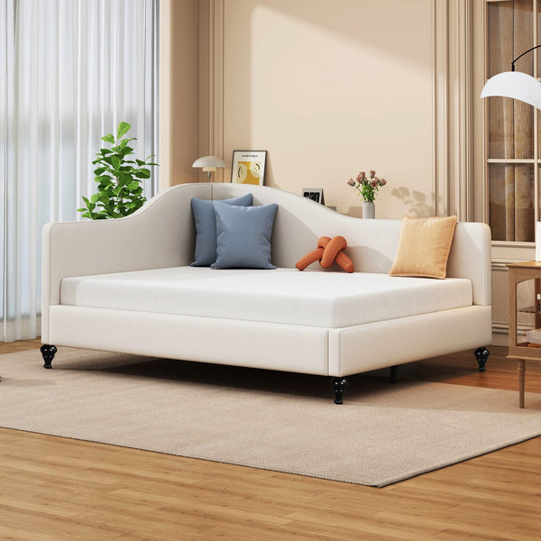 English Elm Full Full Size L-Shaped Linen Daybed with Solid Wood Legs, Semi-Enclosed Modern Frame for Living Spaces Beige SF100146AAA