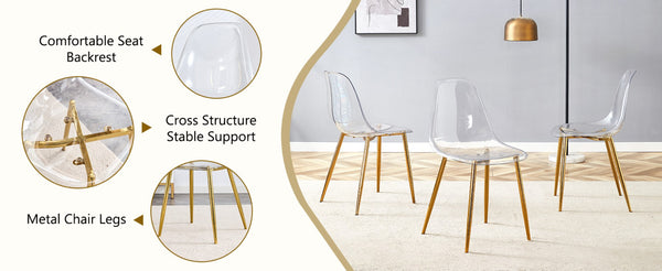 English Elm Table and Chair Set Marble Glass Top Gold Legs Four Seat Dining for Small Spaces Transparent,White+Gold W1151S04638