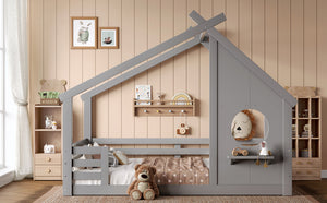 English Elm Full House Floor Bed with Roof Window and Shelf – Solid Pine Kids Loft-Style Low Bed, Durable Design Grey W1580P362698