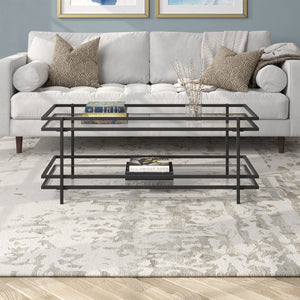 Homeroots 45" Black Glass And Steel Coffee Table With Shelf   521000