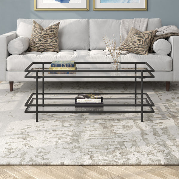 Homeroots 45" Black Glass And Steel Coffee Table With Shelf   521000