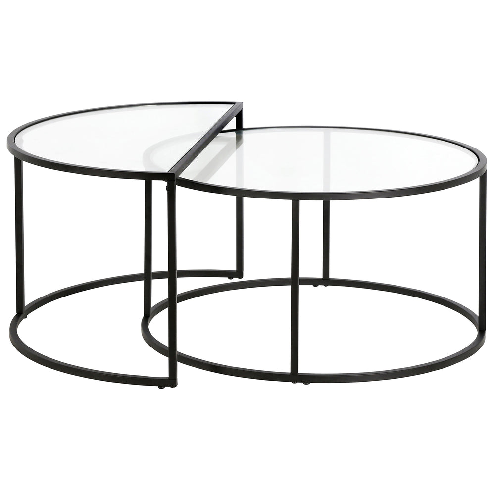 Homeroots Set Of Two 33" Black Glass And Steel Half Circle Nested Coffee Tables   521010