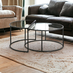 Homeroots Set Of Two 33" Black Glass And Steel Half Circle Nested Coffee Tables   521010