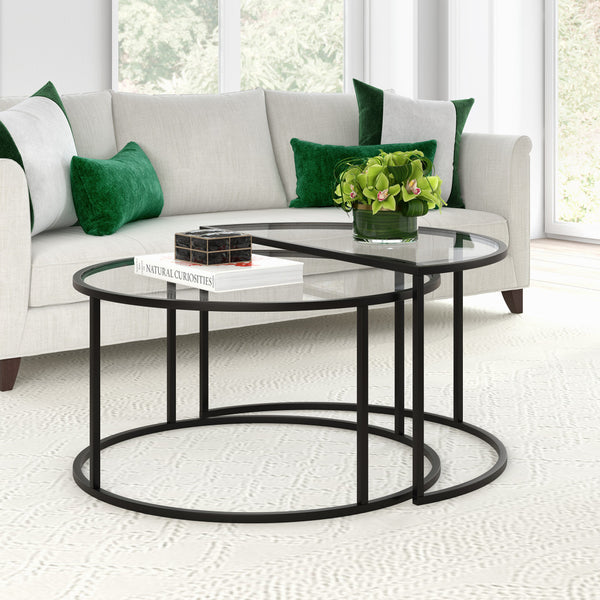 Homeroots Set Of Two 33" Black Glass And Steel Half Circle Nested Coffee Tables   521010