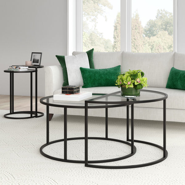 Homeroots Set Of Two 33" Black Glass And Steel Half Circle Nested Coffee Tables   521010