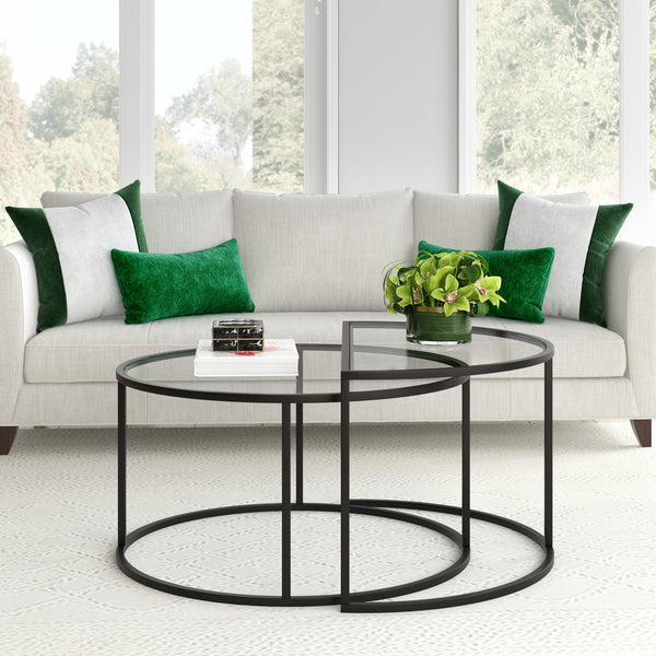 Homeroots Set Of Two 33" Black Glass And Steel Half Circle Nested Coffee Tables   521010