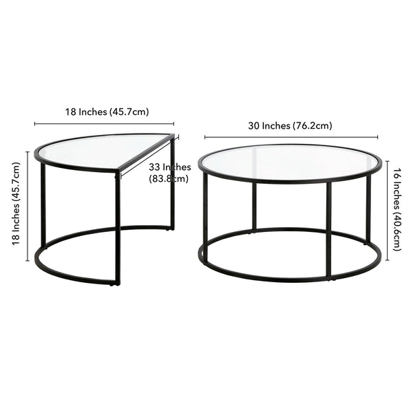 Homeroots Set Of Two 33" Black Glass And Steel Half Circle Nested Coffee Tables   521010
