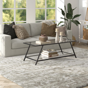 Homeroots 48" Black Glass And Steel Coffee Table With Shelf   521013