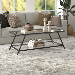 Homeroots 48" Black Glass And Steel Coffee Table With Shelf   521013