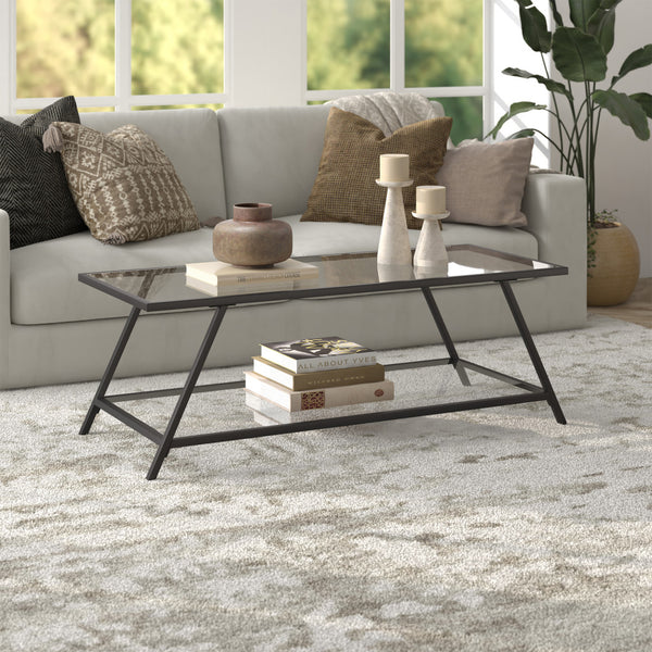 Homeroots 48" Black Glass And Steel Coffee Table With Shelf   521013