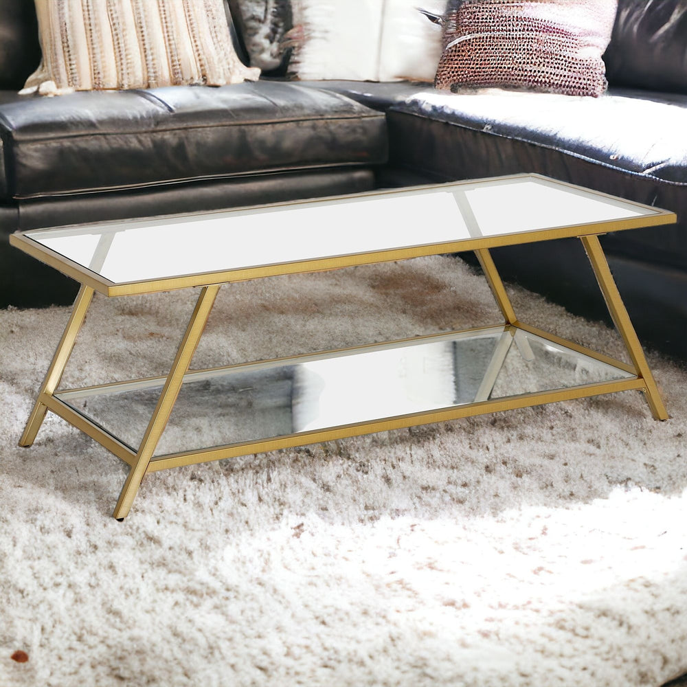 Homeroots 48" Gold Glass And Steel Coffee Table With Shelf   521014