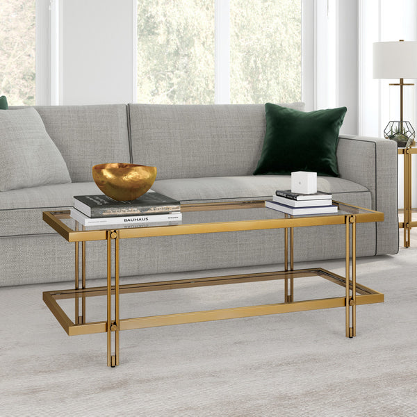 Homeroots 45" Gold Glass And Steel Coffee Table With Shelf   521021