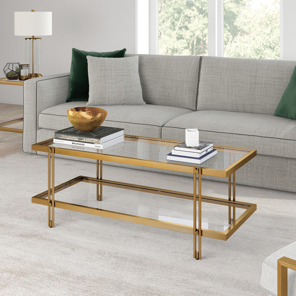 Homeroots 45" Gold Glass And Steel Coffee Table With Shelf   521021