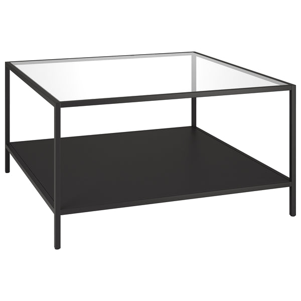 Homeroots 32" Black Glass And Steel Square Coffee Table With Shelf   521023