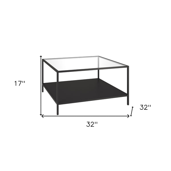 Homeroots 32" Black Glass And Steel Square Coffee Table With Shelf   521023