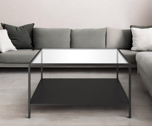 Homeroots 32" Black Glass And Steel Square Coffee Table With Shelf   521023